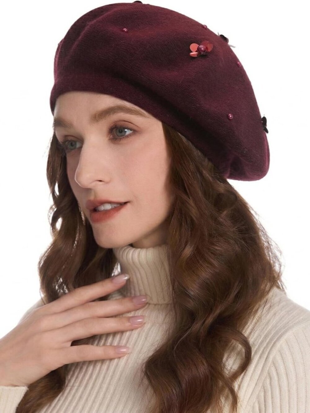 Women's French Beret Hat Reversible Knitted Thickened Warm Cap PailletteBurgundy